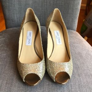 Jimmy Choo peep toe gold pumps